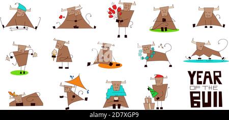 Symbol of Chinese New Year 2021. Year of the Ox. Smiling bull, cow. Set of vector illustrations in cartoon style isolated on white. Clip art for your Stock Vector