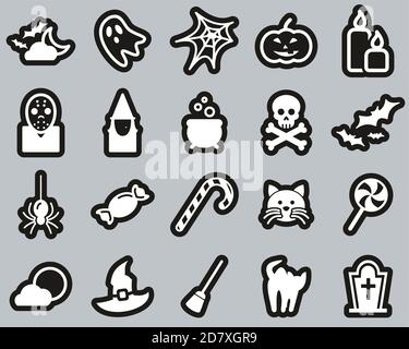 Halloween Holiday & Culture Icons White On Black Sticker Set Big Stock Vector