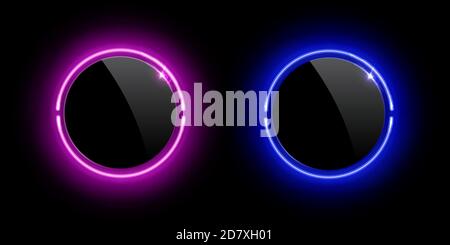 Realistic glossy plastic buttons with pink and blue neon round frames. Soft light effect blank templates isolated on black background. Vector Stock Vector