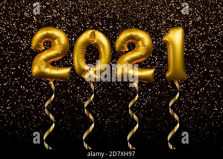 2021 written with golden balloons floating on gold glitter background, new year party greeting card Stock Photo