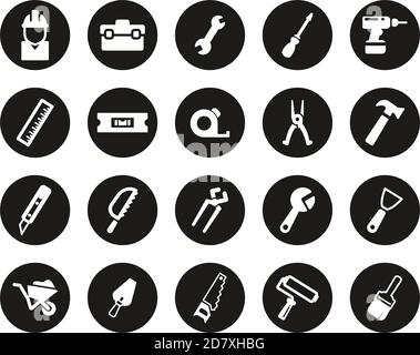 Handyman Tools & Equipment Icons White On Black Flat Design Circle Set Big Stock Vector