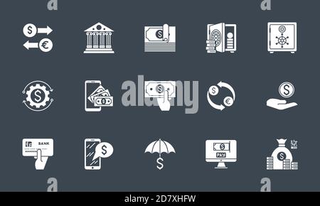 Banking icons set. Related vector glyph icons. Stock Vector