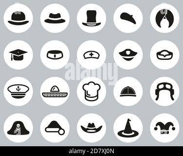 Hat Icons Black & White Flat Design Circle Set Big Stock Vector