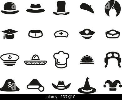 Hat Icons Black & White Set Big Stock Vector