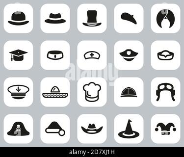 Hat Icons Black & White Flat Design Set Big Stock Vector