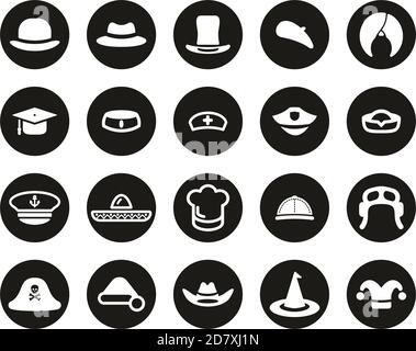 Hat Icons White On Black Flat Design Circle Set Big Stock Vector