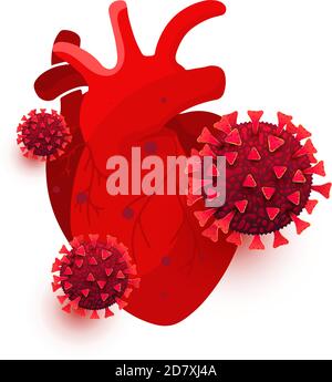 Coronavirus, covid 19 dangerous cells infect the heart organ isolated on white background Stock Vector