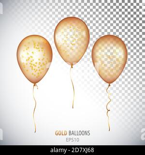 Realistic 3D transparent Gold helium balloons with confetti isolated on white background. Set of shiny balloons for your design. Stock Vector