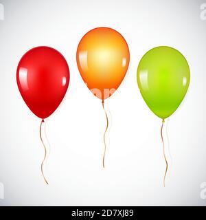 Colorful realistic helium balloons isolated on white background. Bright colors: red, yellow, green. Realistic 3D vector illustration. Stock Vector