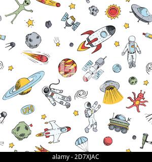 Vector colorful doodle space seamless pattern with space objects. Space ships, rockets, planets, flying saucers, cosmonauts, stars, comets, satellites Stock Vector