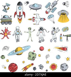 Colorful vector hand drawn doodles cartoon set space objects. Space ships, rockets, planets, flying saucers, cosmonauts, stars, comets, satellites, uf Stock Vector