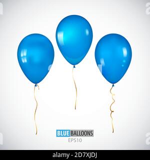 Realistic 3D Blue helium balloons isolated on white background. Set of metallic balloons for your design. Stock Vector