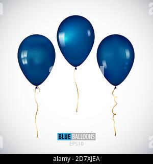 Realistic 3D Blue helium balloons isolated on white background. Set of metallic balloons for your design. Stock Vector