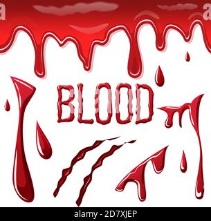 Blood splatters on white background. Set of dripping blood drops and trail. Set of smears, splashes, drippings. Paint splatters Halloween concept. Stock Vector