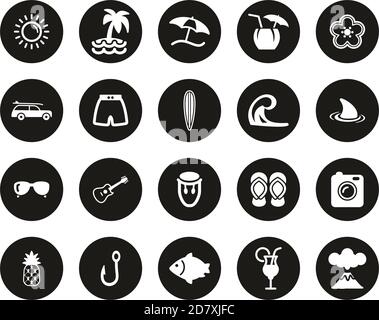 Hawaii Culture & Lifestyle Icons White On Black Flat Design Circle Set Big Stock Vector