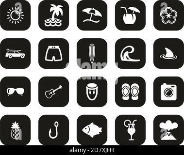 Hawaii Culture & Lifestyle Icons White On Black Flat Design Set Big Stock Vector