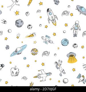 Vector colorful doodle space seamless pattern with space objects. Space ships, rocket, planets, flying saucers, astronauts, stars, comets, ufo etc. Ha Stock Vector