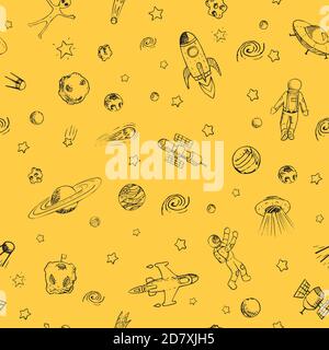 Vector doodle space seamless pattern with space objects. Space ships, rockets, planets, flying saucers, cosmonauts, stars, comets, satellites, ufo etc Stock Vector