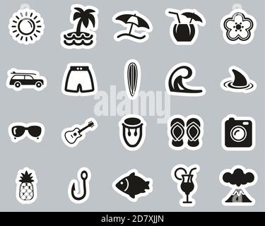Hawaii Culture & Lifestyle Icons Black & White Sticker Set Big Stock Vector