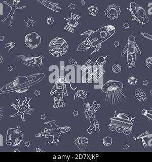 Chalk seamless pattern with space objects. Space ships, rockets, planets, flying saucers, astronauts, stars, comets, satellites, ufo etc Chalk art on Stock Vector
