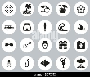 Hawaii Culture & Lifestyle Icons Black & White Flat Design Circle Set Big Stock Vector