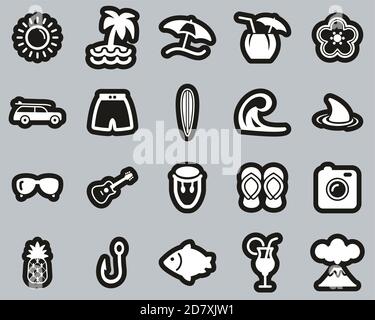 Hawaii Culture & Lifestyle Icons White On Black Sticker Set Big Stock Vector