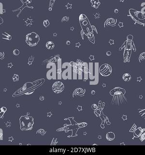 Chalk seamless pattern with space objects. Space ships, rockets, planets, flying saucers, cosmonauts, stars, comets, satellites, ufo etc Hand drawn st Stock Vector
