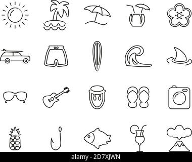 Hawaii Culture & Lifestyle Icons Black & White Thin Line Set Big Stock Vector