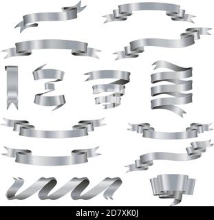 Set of beautiful festive silver ribbons. silver glossy ribbon banners set. Stock Vector