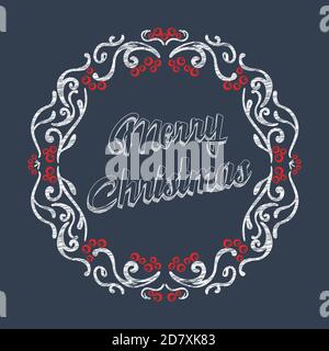 Christmas wreath. Decorated with mistletoe. Wishes for Merry Christmas. Chalk Word Art On Blackboard. Vector elements. Object for app, web, book illus Stock Vector