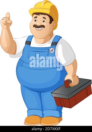A handyman carpenter cartoon character in a hard hat holding a toolbox and holding a finger up. Builder, carpenter or plumber carpenter. Stock Vector