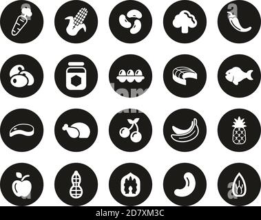 Healthy Food Icons White On Black Flat Design Circle Set Big Stock Vector