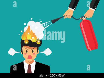 Angry businessman with head on fire gets help from man with extinguisher. Vector illustration Stock Vector