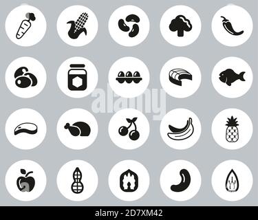 Healthy Food Icons Black & White Flat Design Circle Set Big Stock Vector