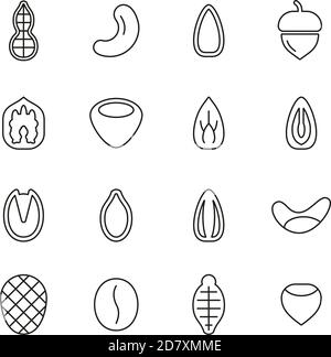 Healthy Snacks Or Nuts Icons Black & White Thin Line Set Big Stock Vector