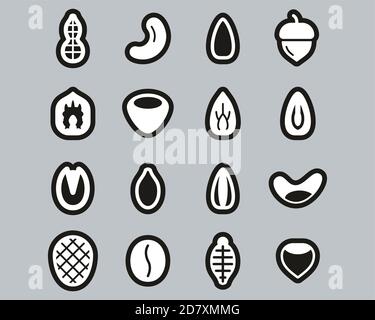 Healthy Snacks Or Nuts Icons White On Black Sticker Set Big Stock Vector