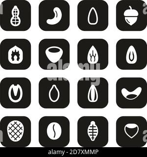 Healthy Snacks Or Nuts Icons White On Black Flat Design Set Big Stock Vector