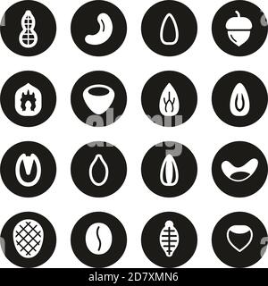 Healthy Snacks Or Nuts Icons White On Black Flat Design Circle Set Big Stock Vector