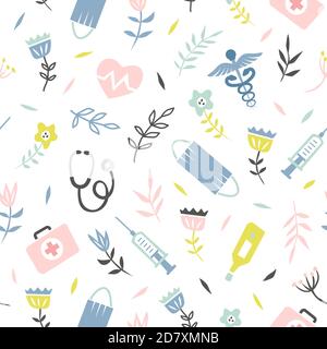 Medical seamless pattern with flower and leaves . Creative texture for fabric and textile Stock Vector