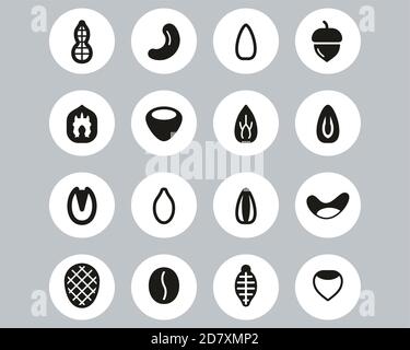 Healthy Snacks Or Nuts Icons Black & White Flat Design Circle Set Big Stock Vector