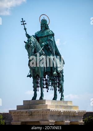 BUDAPEST, HUNGARY -  JULY 16, 2019:  Mounted statue of Saint Stephen (Szent Istvan kiraly) Stock Photo