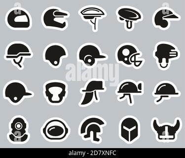 Helmet Or Safety Helmet Icons Black & White Sticker Set Big Stock Vector