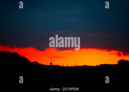 fire-like sunrise in the Eifel Stock Photo