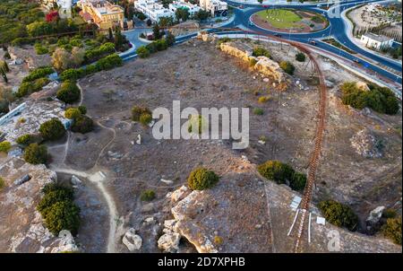 Aerial view of the overhead walkway in Kato Paphos. The new walkway is to unify the archaeological sites of Kato Paphos, Paphos, Cyprus. Stock Photo