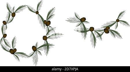 Gradient Christmas wreath with pine branches and cones for New Year and Christmas greeting card Stock Vector
