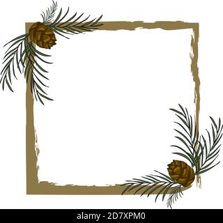 Uneven frame with pine branches and cones for New Year and Christmas greeting card Stock Vector