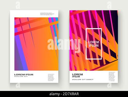 Minimal cover set design vector illustration. Neon halftone pink blue gradient. Abstract retro 80s style texture geometric pattern lines. Striped mini Stock Vector
