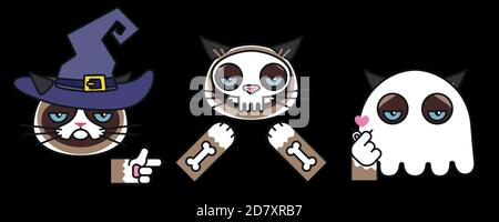 Grumpy cats in halloween skeleton, witch ghost Stock Vector