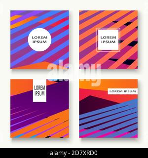 Minimal cover set design vector illustration. Neon halftone pink blue gradient. Abstract retro 80s style texture geometric pattern lines. Striped mini Stock Vector