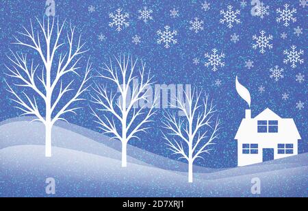 christmas background with snowflakes and a small house in the forest Stock Photo